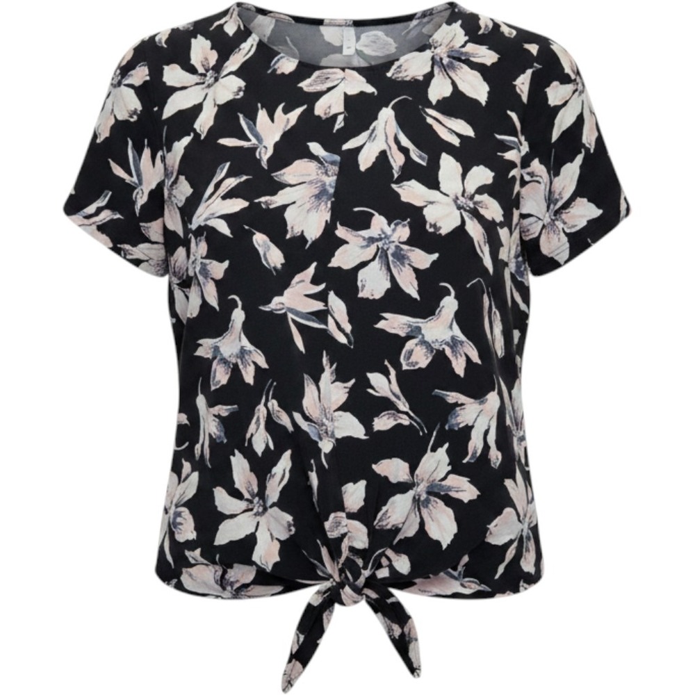 Madewell Silk Tie Front Lily Floral Top Black Pink Short Sleeve Back Button Chic